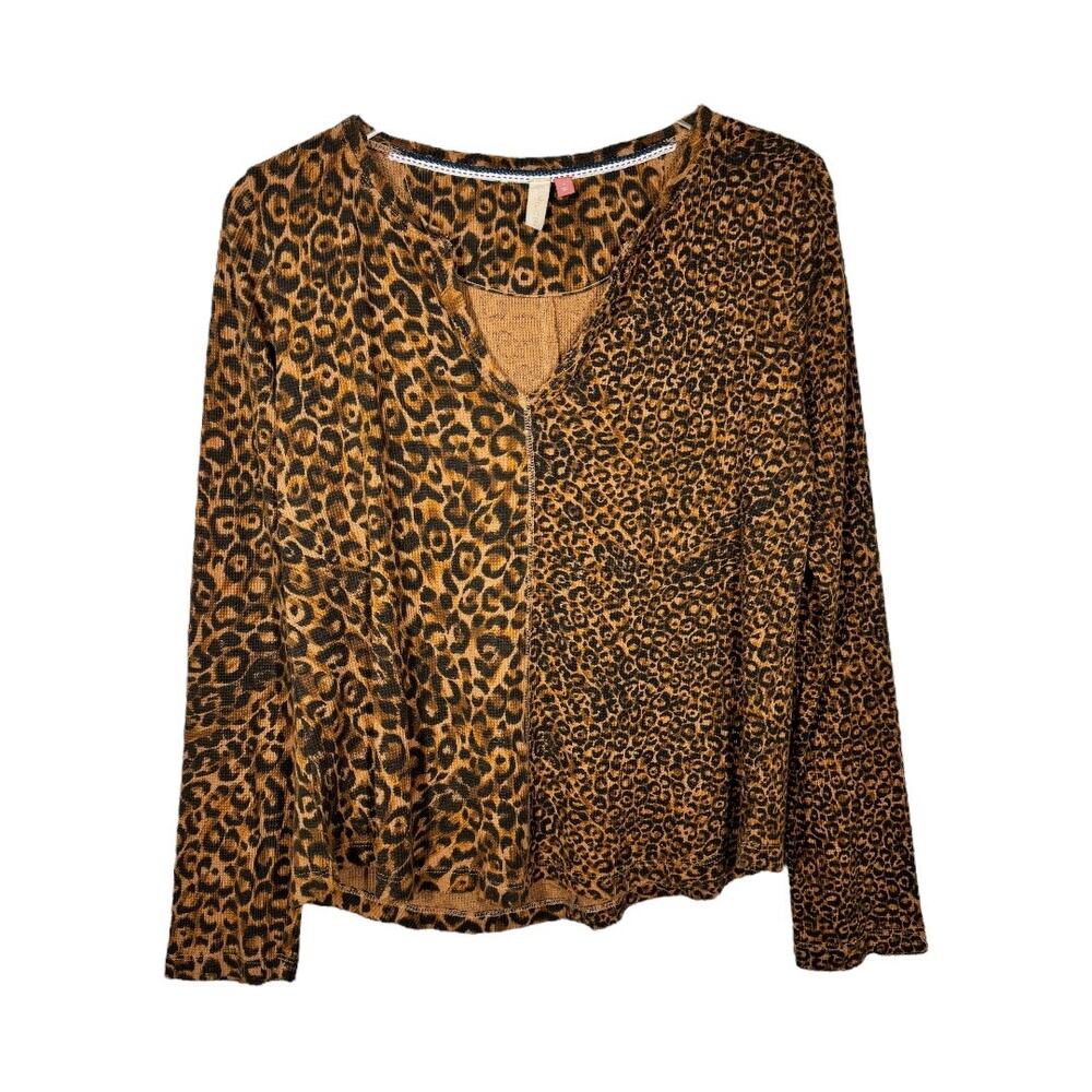Anthropologie Pilcro Leopard Print Split Neck Thermal Top Small Long Sleeve Boho